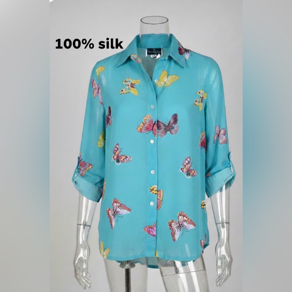 Vintage Kensington Lane 100% Silk Blouse Turquoise Blue Butterfly Print Size M